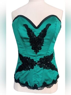 Fredericks Of Hollywood Emerald Green Corset Boning/Sequins/Satin/Lace Size S/M